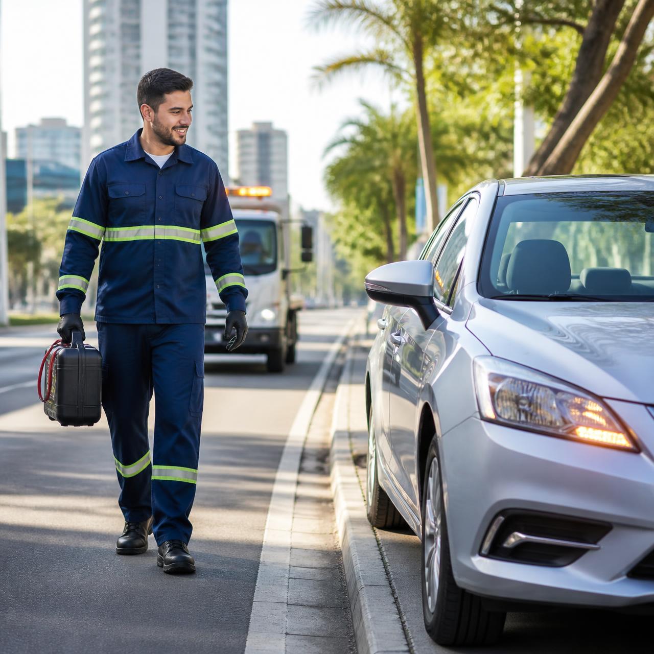 Profissional de assistência veicular chegando para atender um carro parado na via